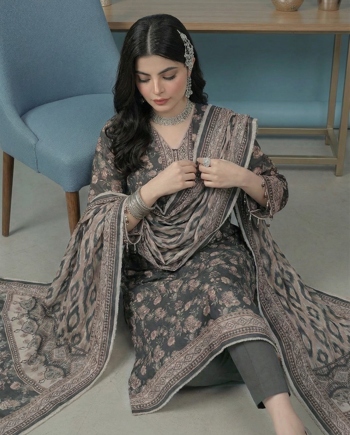 3 Piece Sabeen Premium Karandi Unstitched Suit - 1555