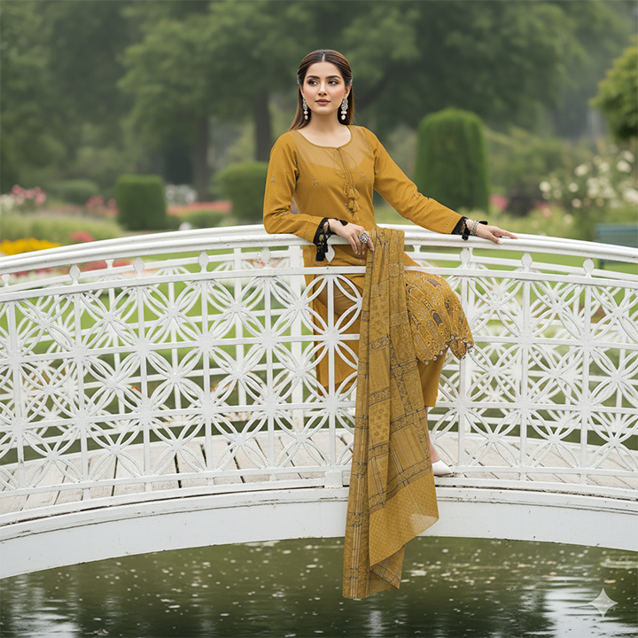 3-Piece Bana Dora Dhanak Embroidery Suit - 1211