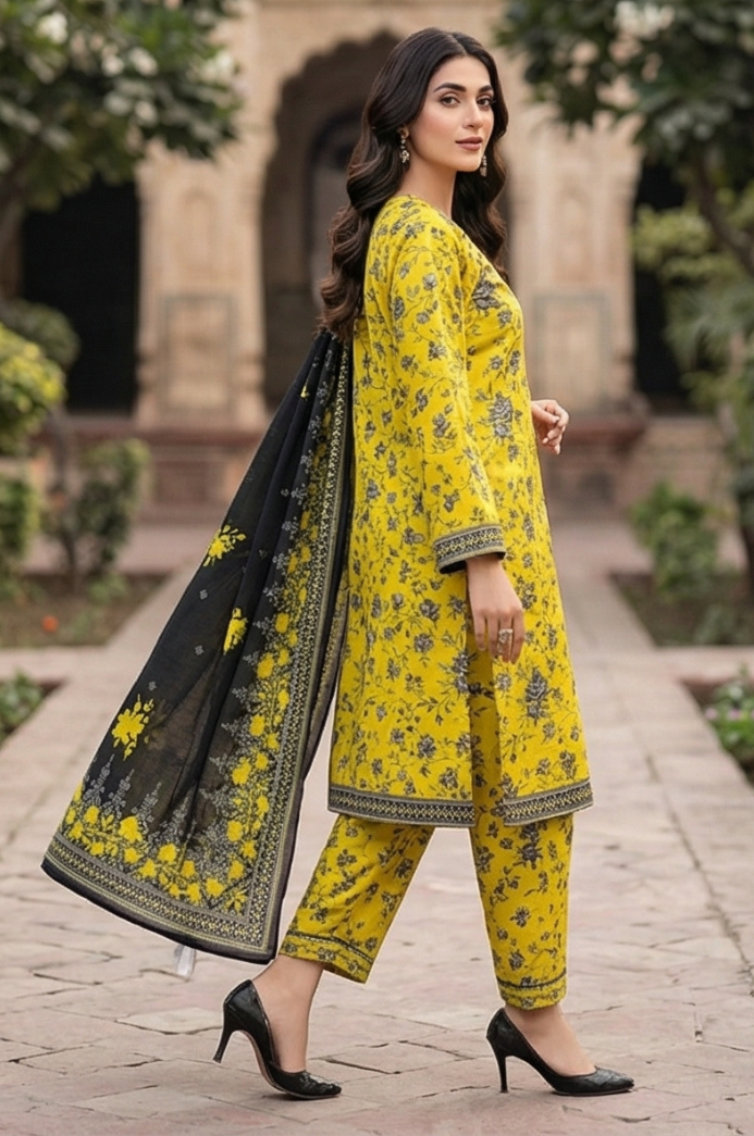3 Piece Lawn Unstitched Suit With Lawn Dupatta - 4476