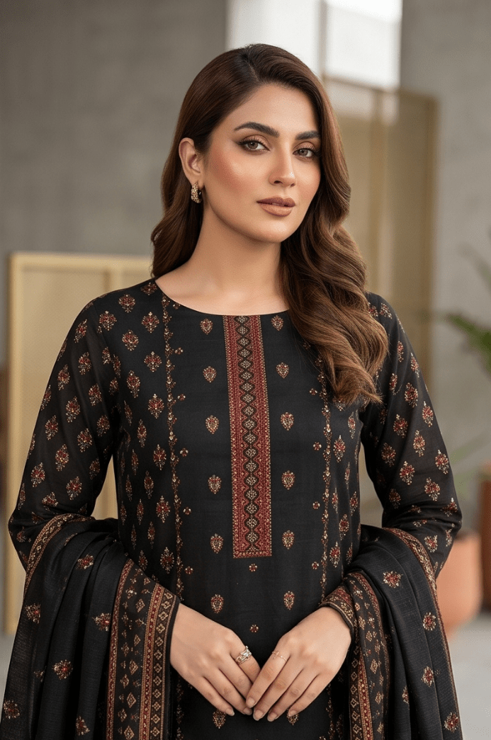 3 Piece Chamki Lawn Unstitched Suit With lawn Dupatta - 5002
