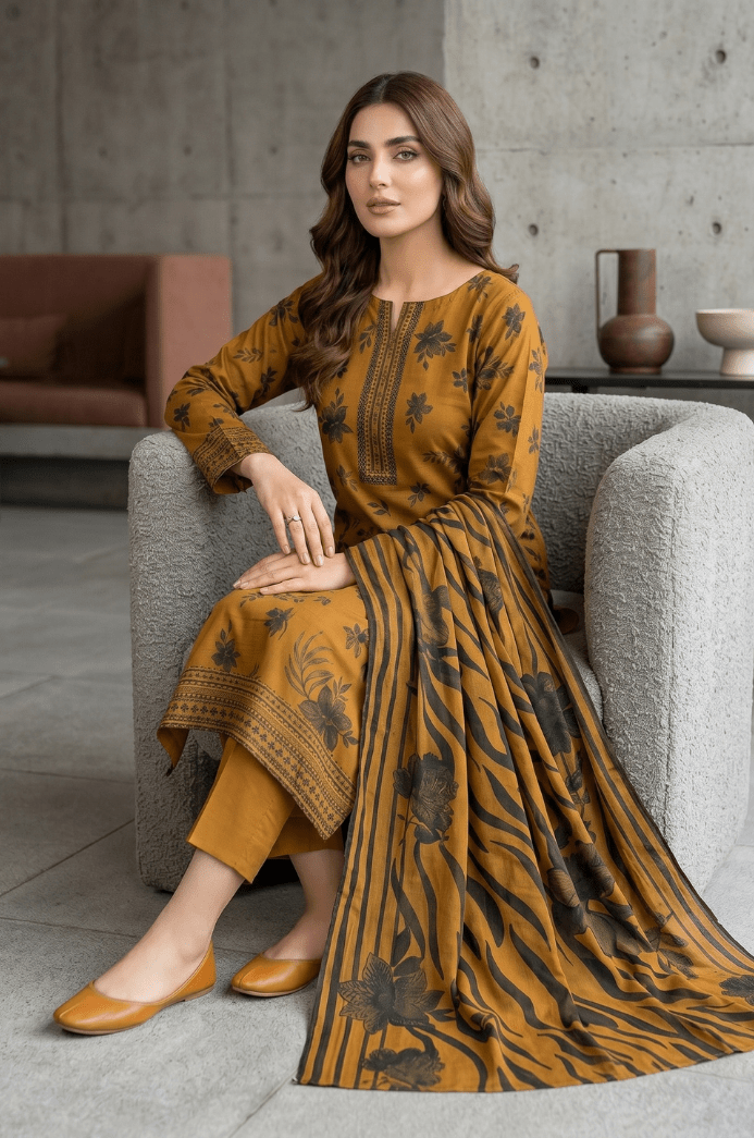 3 Piece Chamki Lawn Unstitched Suit With lawn Dupatta - 5003