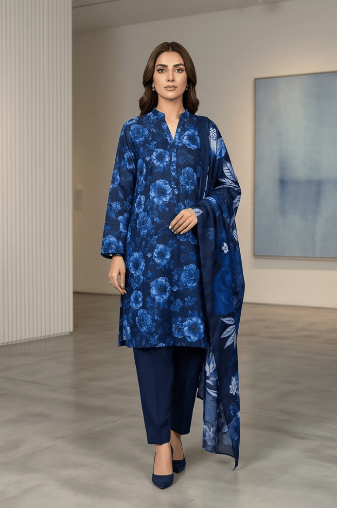 3 Piece Chamki Lawn Unstitched Suit With lawn Dupatta - 5005