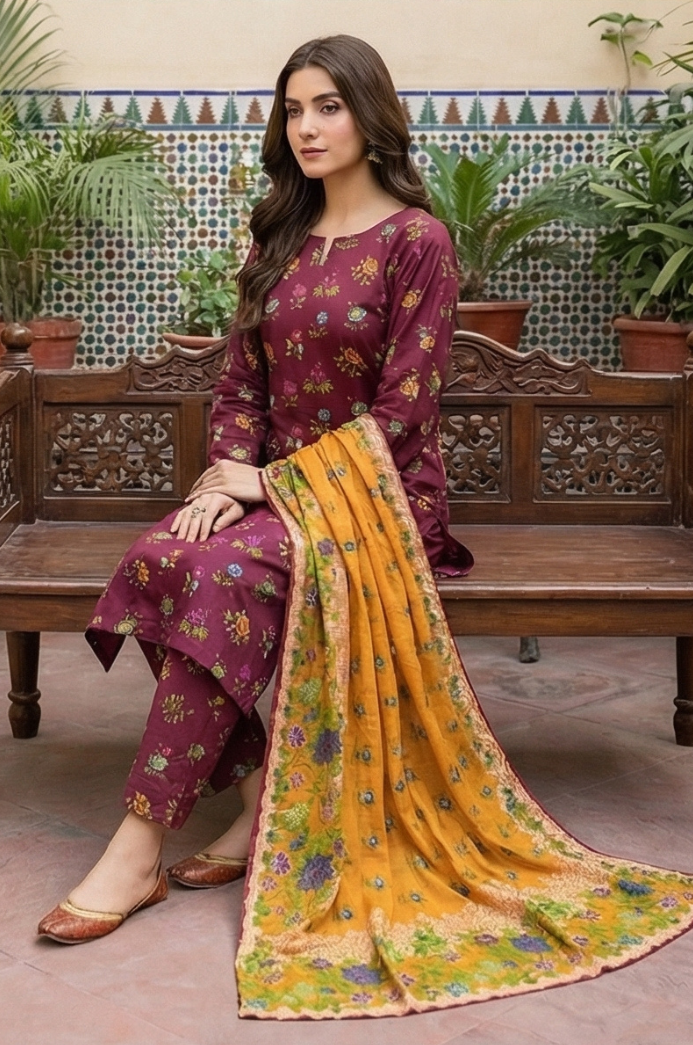 3 Piece Lawn Unstitched Suit With lawn Dupatta - 4505
