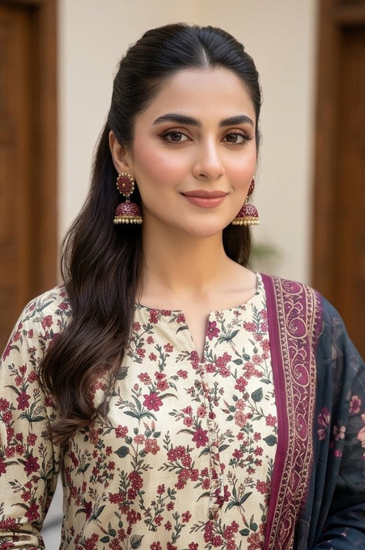 3 Piece Lawn Unstitched Suit With Voile Lawn Dupatta - 5040