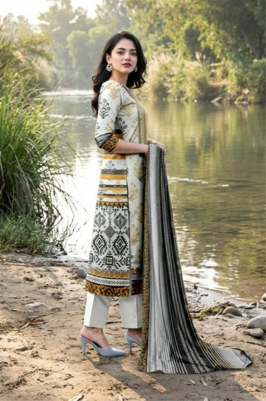 3 Piece Premium Lawn Unstitched Suit With Voile Dupatta - 1033