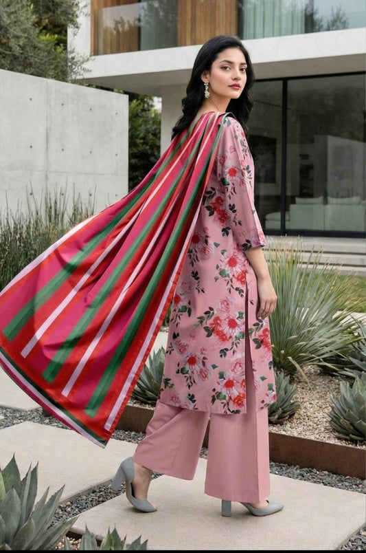 3 Piece Premium Lawn Unstitched Suit With Voile Dupatta - 1034