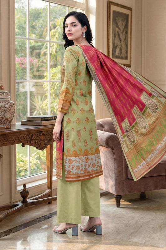 3 Piece Premium Lawn Unstitched Suit With Voile Dupatta - 1035