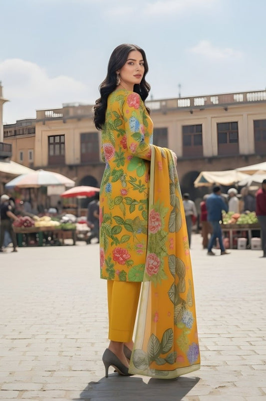 3 Piece Premium Lawn Unstitched Suit With Voile Dupatta - 1036