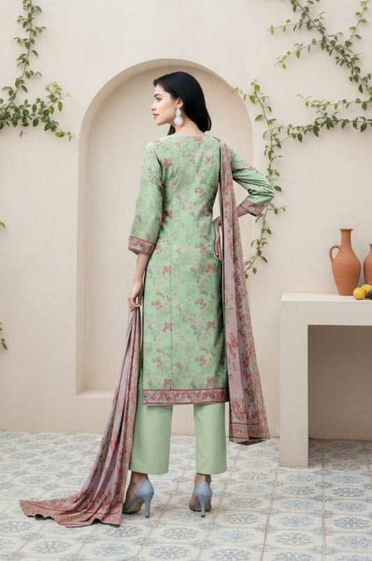 3 Piece Premium Lawn Unstitched Suit With Voile Dupatta - 1037