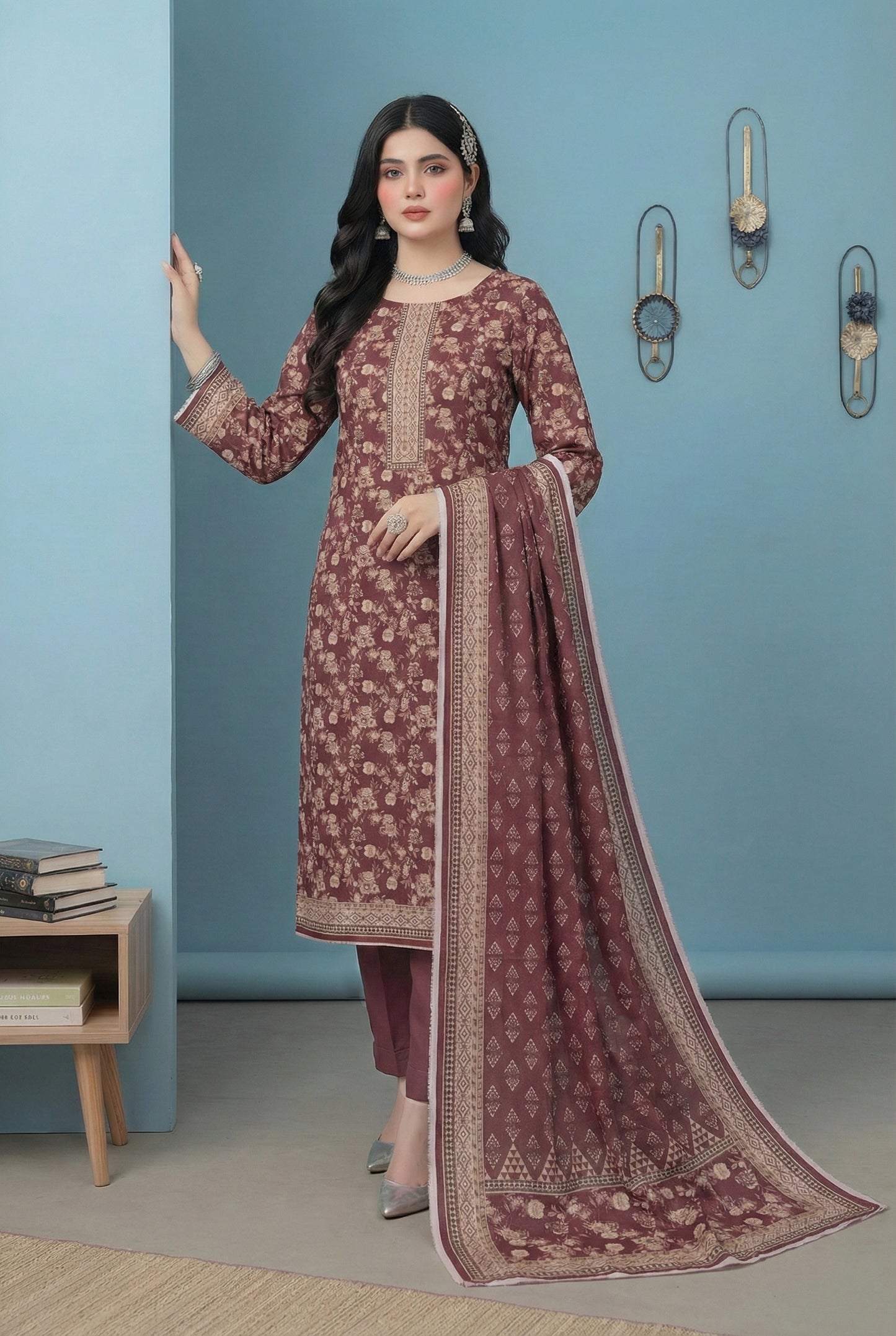 3 Piece Sabeen Premium Karandi Unstitched Suit - 1560