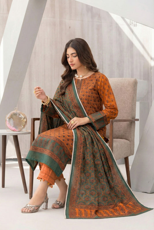 3 Piece Sabeen Premium Khaddar Unstitched Suit - 1323
