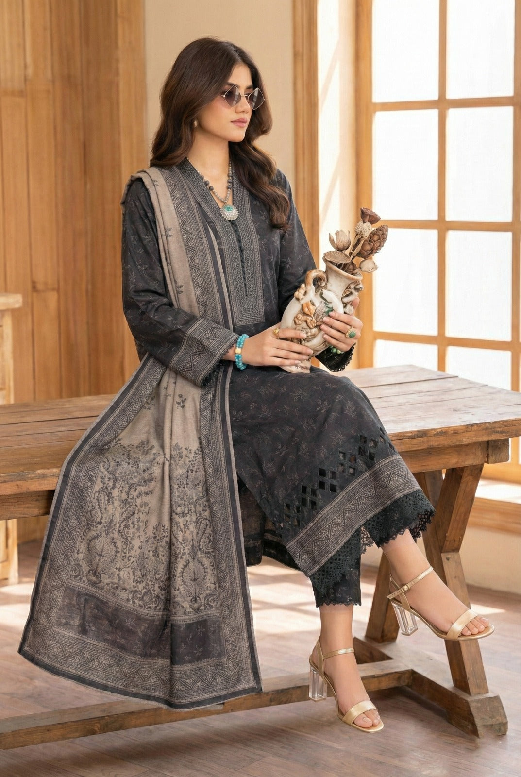 3 Piece Sabeen Premium Khaddar Unstitched Suit - 1332