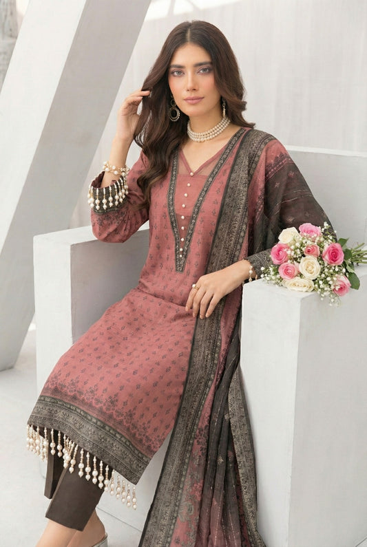 3 Piece Sabeen Premium Khaddar Unstitched Suit - 1334
