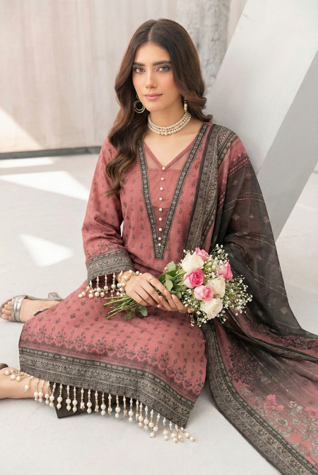 3 Piece Sabeen Premium Khaddar Unstitched Suit - 1334