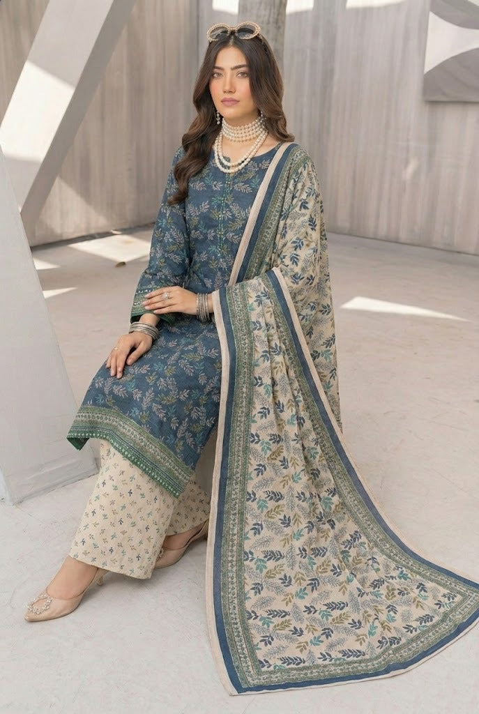3 Piece Sabeen Premium Khaddar Unstitched Suit - 1335