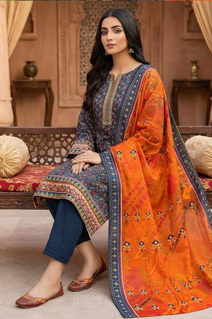 3 Piece Lawn Unstitched Suit With Lawn Dupatta - 4536