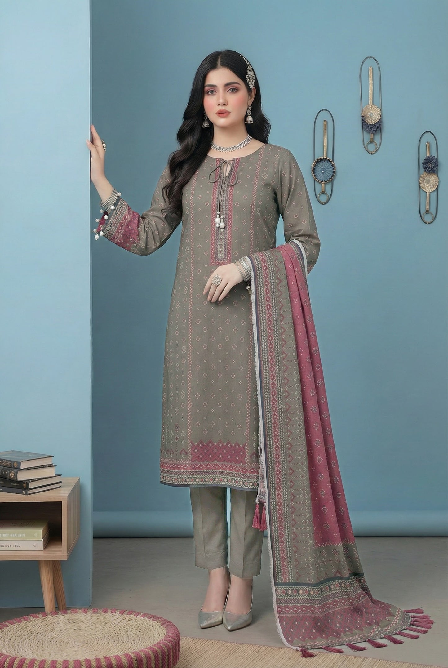 3 Piece Sabeen Premium Karandi Unstitched Suit - 1554