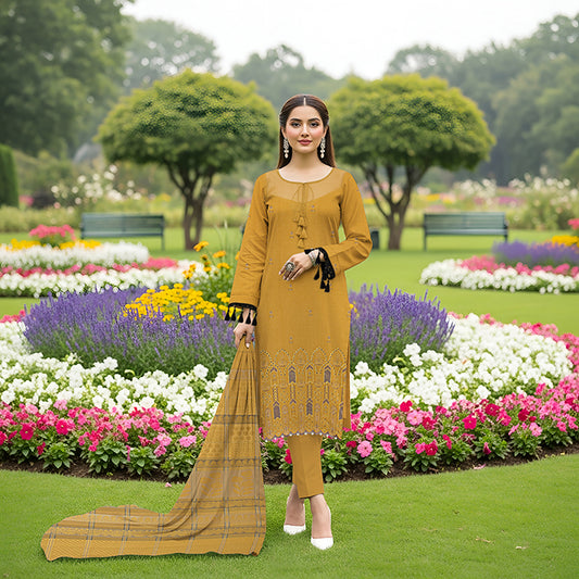 3-Piece Bana Dora Dhanak Embroidery Suit - 1211