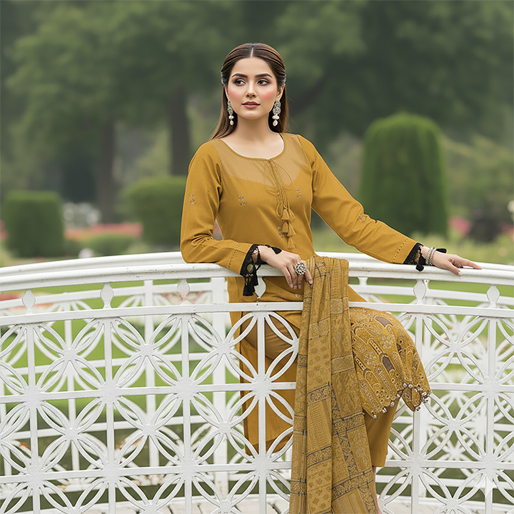 3-Piece Bana Dora Dhanak Embroidery Suit - 1211