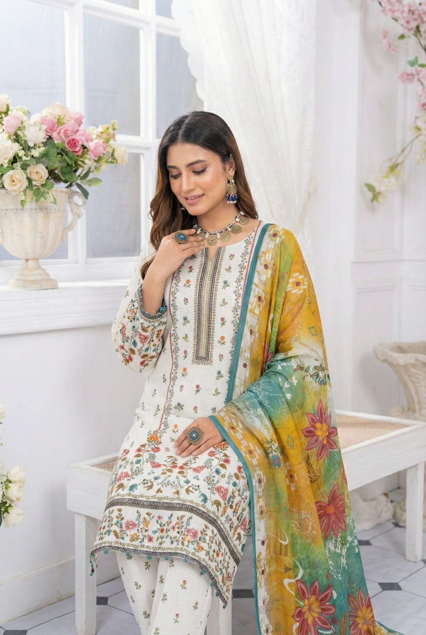 3 Piece Sabeen Premium Viscose Unstitched Suit - 1355