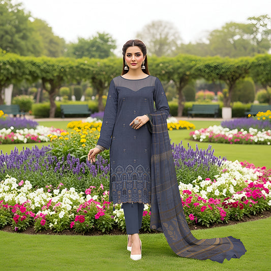 3-Piece Bana Dora Dhanak Embroidery Suit - 1212