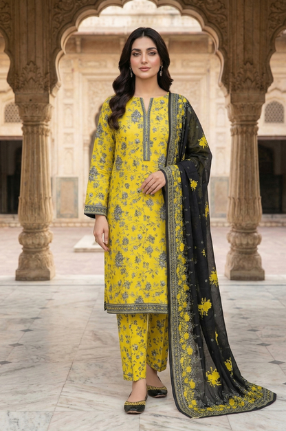 3 Piece Lawn Unstitched Suit With Lawn Dupatta - 4476