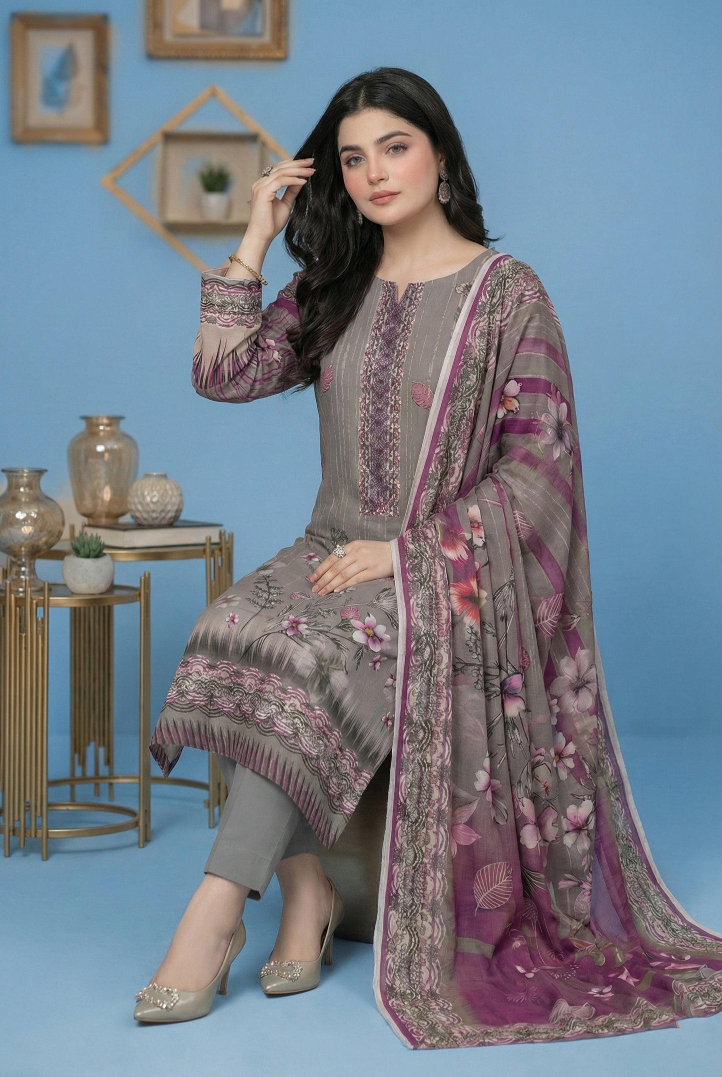 3 Piece Sabeen Premium Karandi Unstitched Suit - 1557