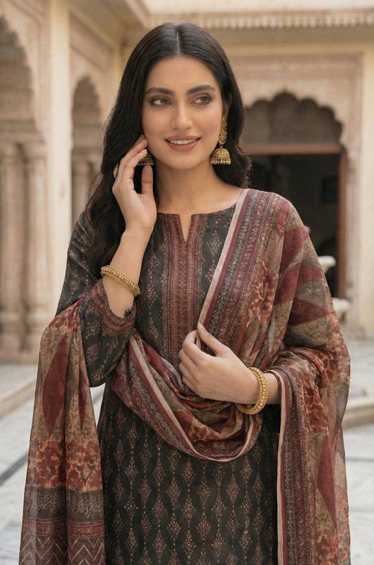 3 Piece Bana Dora Lawn Unstitched Suit With Lawn  Dupatta - 4321
