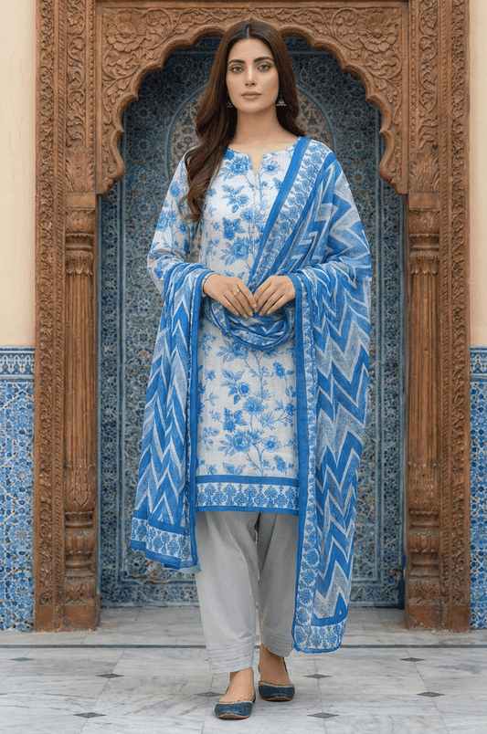 3 Piece Chamki Lawn Unstitched Suit With Lawn Dupatta - 4467