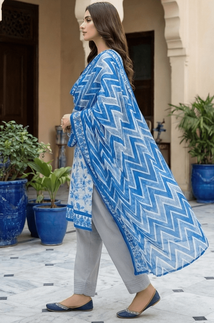 3 Piece Chamki Lawn Unstitched Suit With Lawn Dupatta - 4467