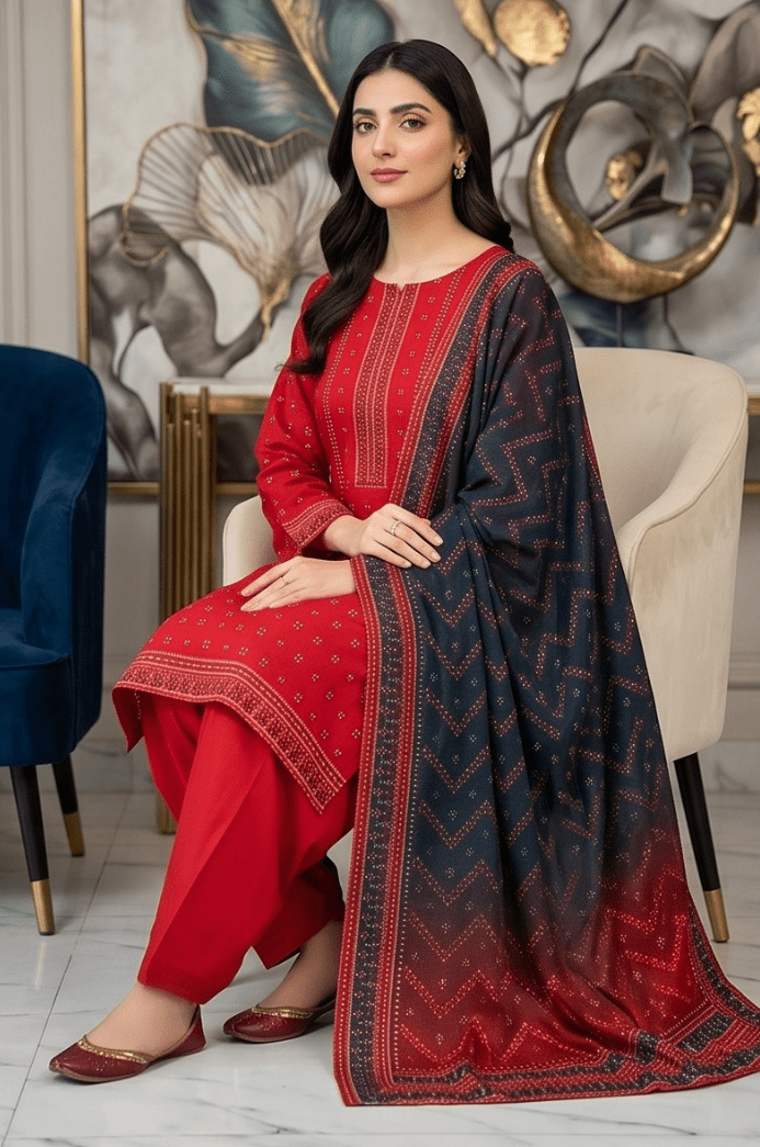 3 Piece Chamki Lawn Unstitched Suit With  Voile Lawn Dupatta - 5001
