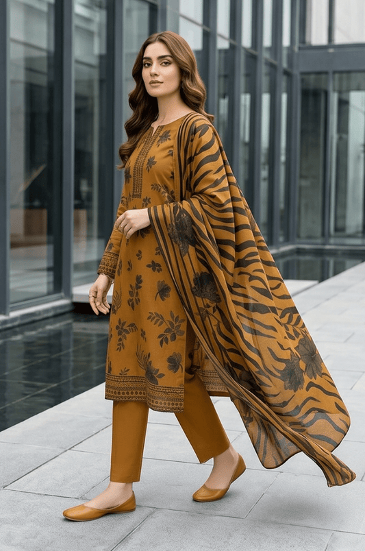 3 Piece Chamki Lawn Unstitched Suit With  lawn Dupatta - 5003