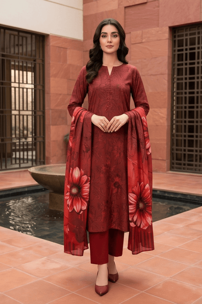 3 Piece Chamki Lawn Unstitched Suit With Dupatta - 5004