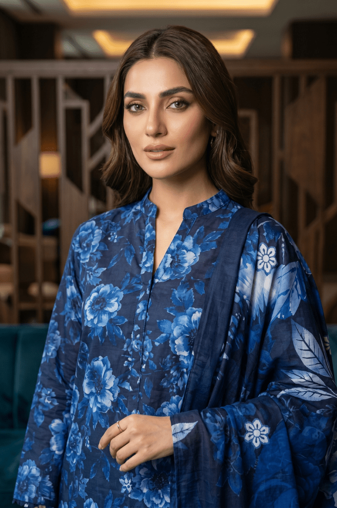 3 Piece Chamki Lawn Unstitched Suit With lawn Dupatta - 5005