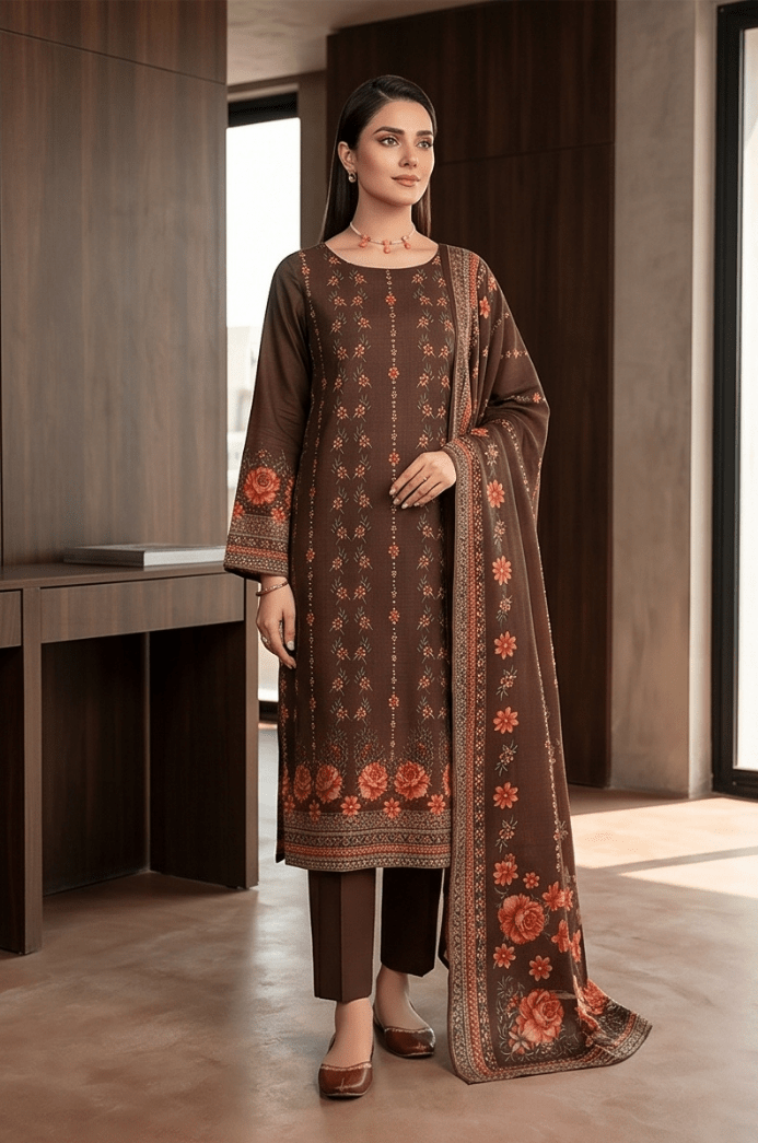 3 Piece Chamki Lawn Unstitched Suit With lawn Dupatta - 5006