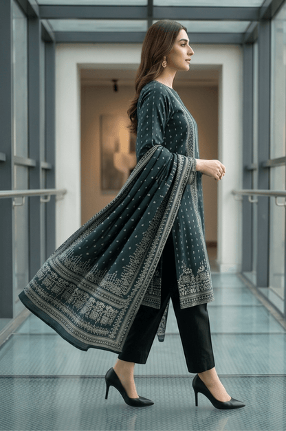 3 Piece Chamki Lawn Unstitched Suit With lawn Dupatta - 5007