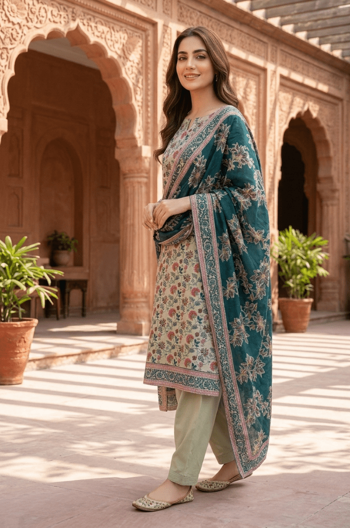 3 Piece Doriya Lawn Unstitched Suit With lawn Dupatta - 5010