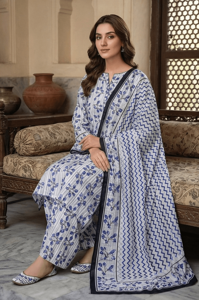 3 Piece Lawn Unstitched Suit With Lawn Dupatta - 4477