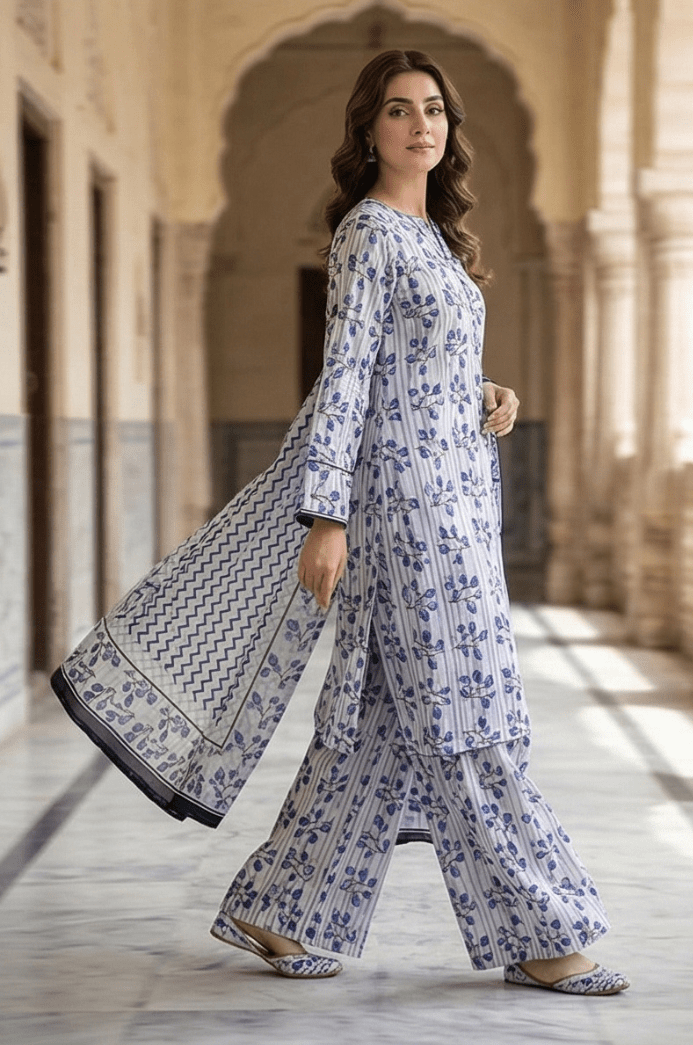 3 Piece Lawn Unstitched Suit With Lawn Dupatta - 4477