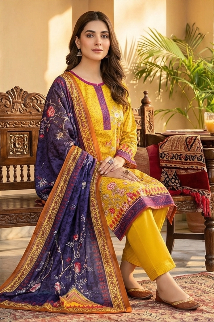 3 Piece Lawn Unstitched Suit With Lawn Dupatta - 4494