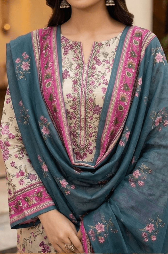 3 Piece Lawn Unstitched Suit With Lawn Dupatta - 4497