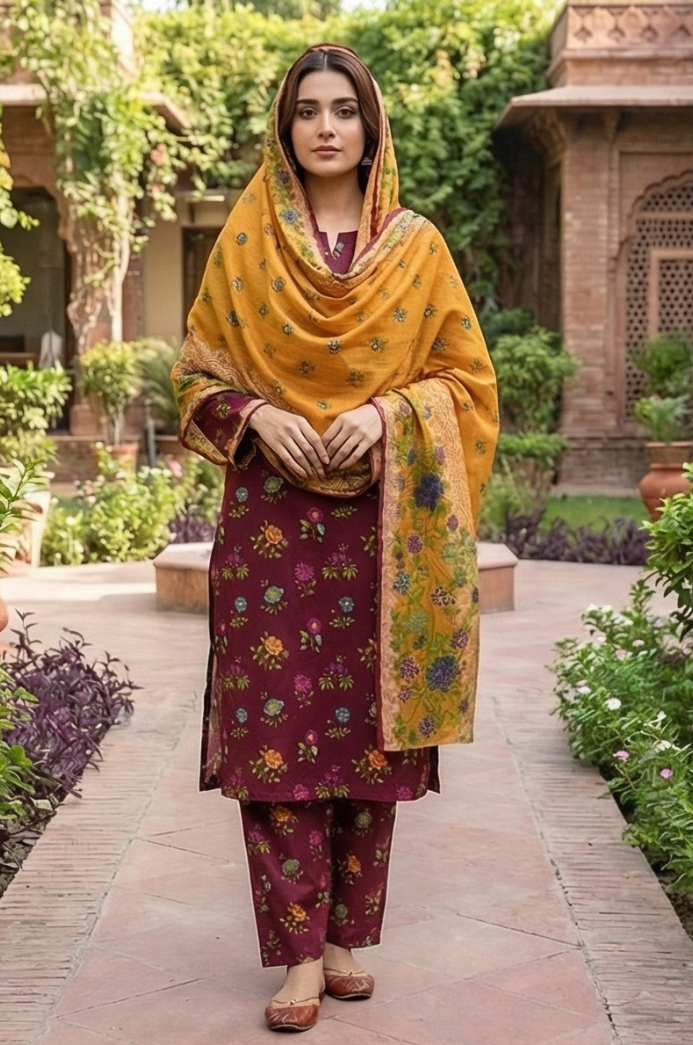 3 Piece Lawn Unstitched Suit With  lawn Dupatta - 4505