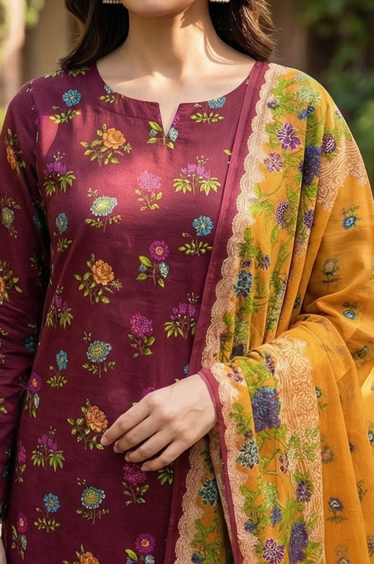 3 Piece Lawn Unstitched Suit With  lawn Dupatta - 4505