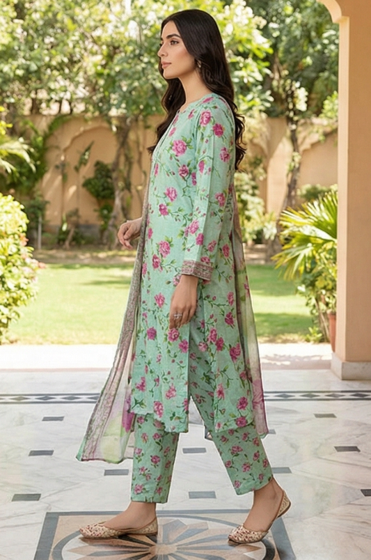 3 Piece Lawn Unstitched Suit With Lawn Dupatta - 4509