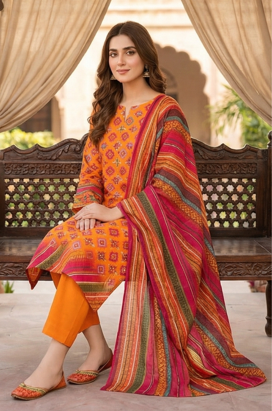 3 Piece Lawn Unstitched Suit With Lawn Dupatta - 4523
