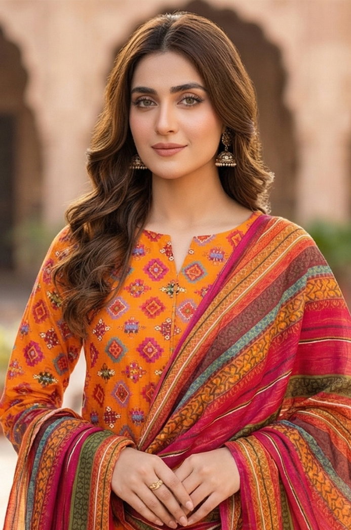 3 Piece Lawn Unstitched Suit With Lawn Dupatta - 4523