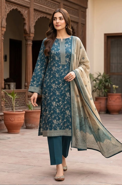 3 Piece Lawn Unstitched Suit With Voile Lawn Dupatta - 5035