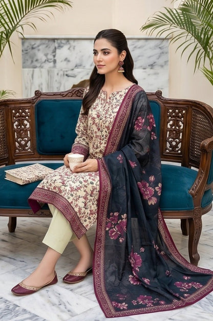 3 Piece Lawn Unstitched Suit With Voile Lawn  Dupatta - 5040