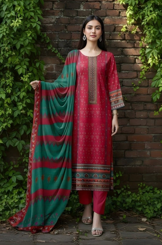 3 Piece Premium Lawn Unstitched Suit With Chiffon Dupatta - 1041