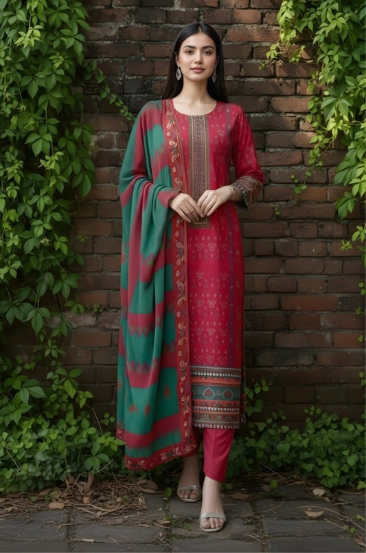 3 Piece Premium Lawn Unstitched Suit With Chiffon Dupatta - 1041